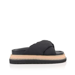 Women's black puffy platform sandals with contract sole and rope detailing