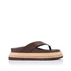 Women's chocolate brown vegan footbed platform thong with contrast rope sole 