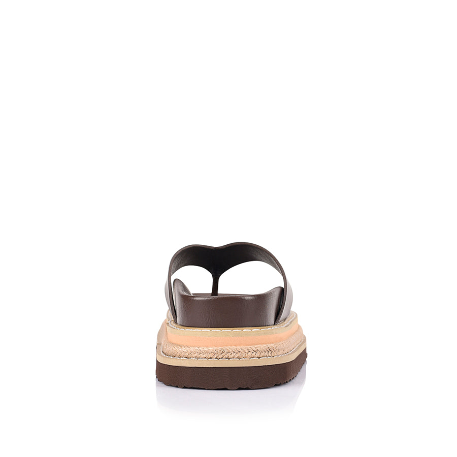 Women's chocolate brown vegan footbed platform thong with contrast rope sole 
