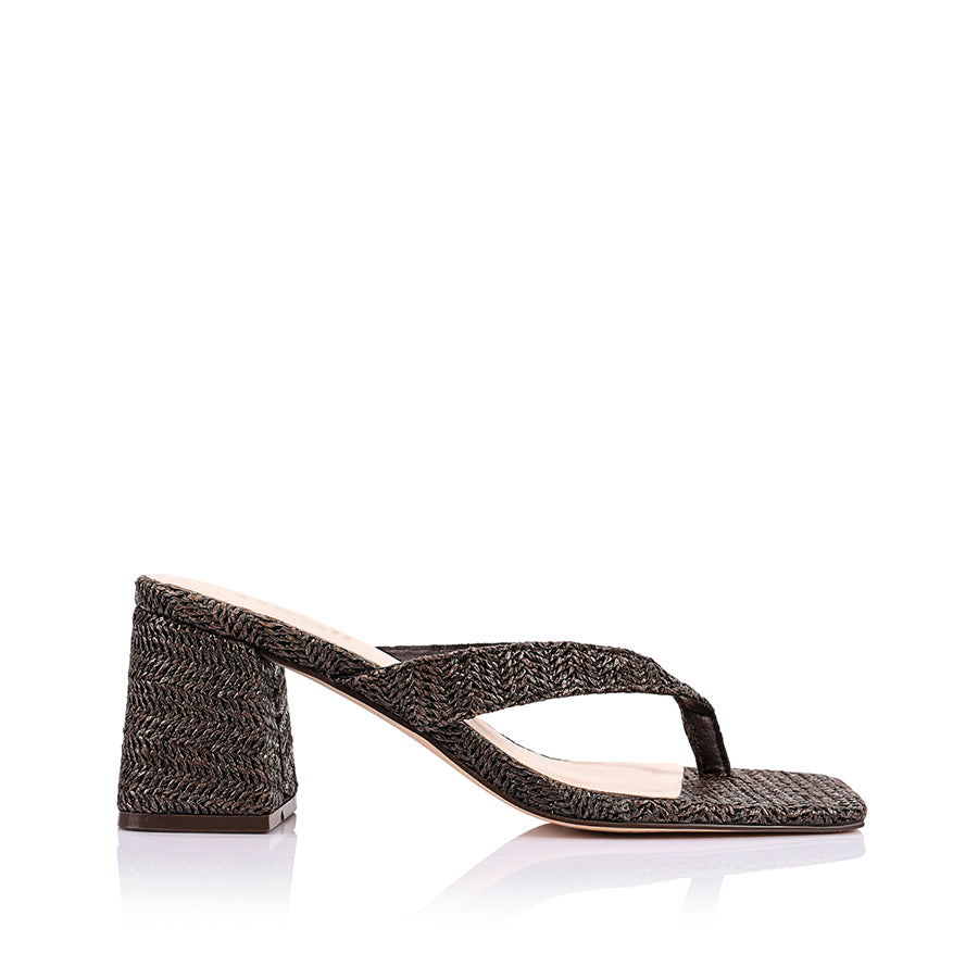 Stoked Block Heel Thongs - Chocolate Brown Raffia