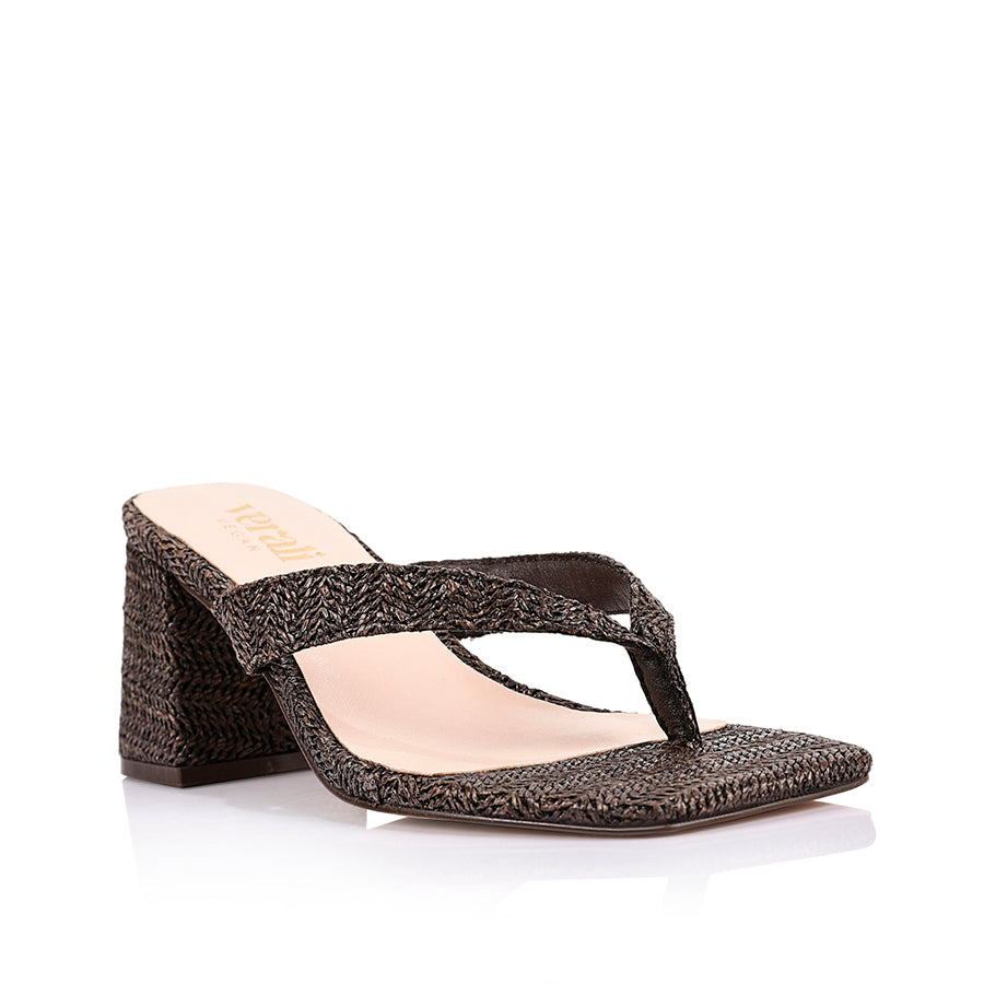 Stoked Block Heel Thongs - Chocolate Brown Raffia