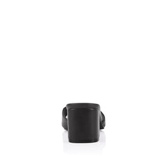 Black block heel mule with a square toe shape