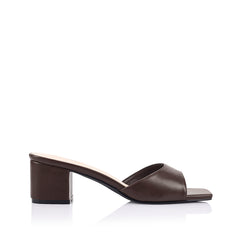 Chocolate block heel mule with a square toe shape