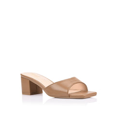 Camel block heel mule with a square toe shape