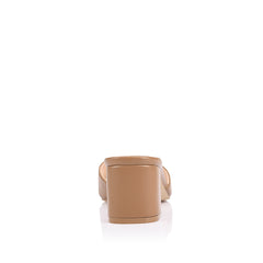 Camel block heel mule with a square toe shape
