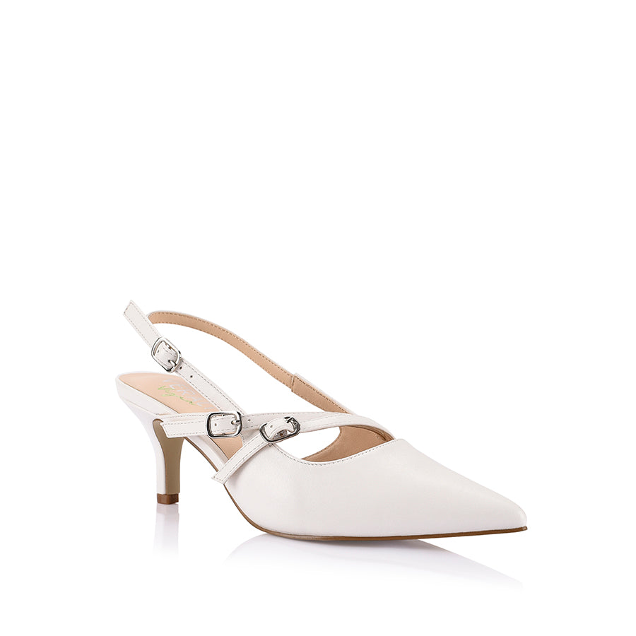 Women's white slingback pumps with buckle detailing