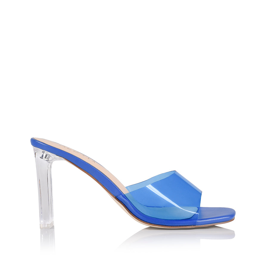 Kiah Clear Heel Mules - Blue Smooth – Verali Shoes