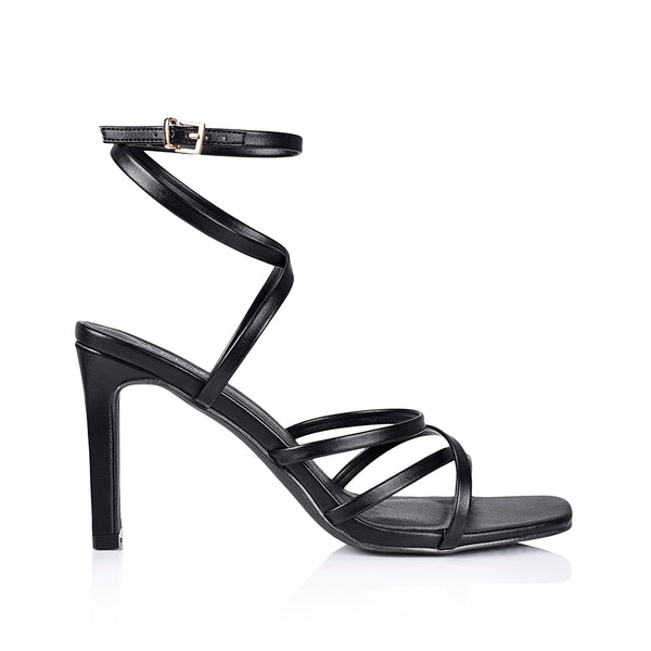 Black strappy top block heels